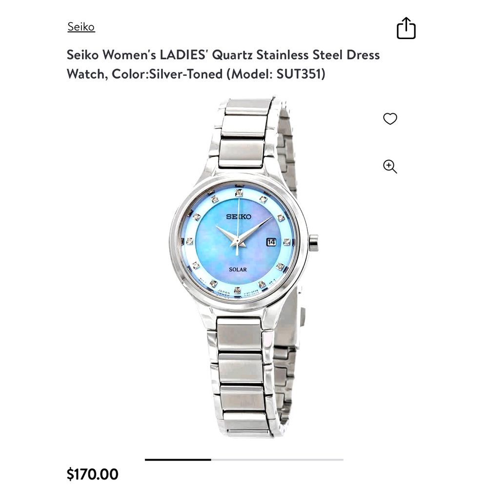Seiko stainless steel ladies, dress watch, mother of pearl inlay, diamonds.